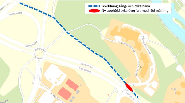 Vi förbättrar den befintliga gång- och cykelbanan vid Vallbyleden. Den blir fem meter bred och får ny asfalt. Vi kommer också att omvandla gång- och cykelpassagen vid August Palms väg till en cykelöverfart.