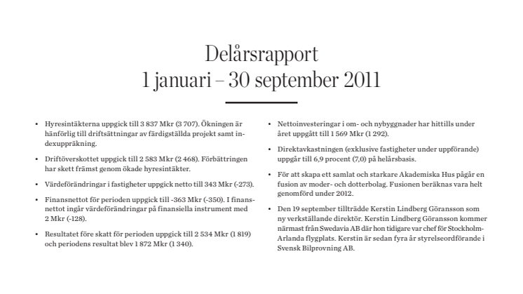 Delårsrapport 1 januari – 30 september 2011