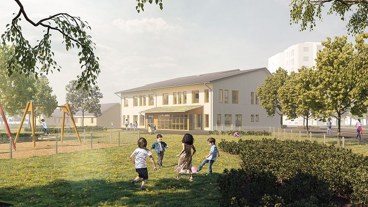 Bilden visar hur den nya förskolebyggnaden kommer att se ut. Bild: Sweco