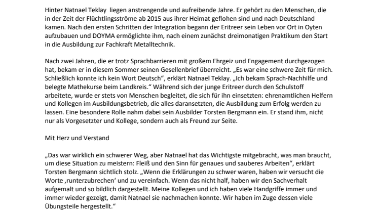 DOYMA-Pressemitteilung: Vom Geflüchteten zur Fachkraft bei DOYMA – eine Erfolgsgeschichte