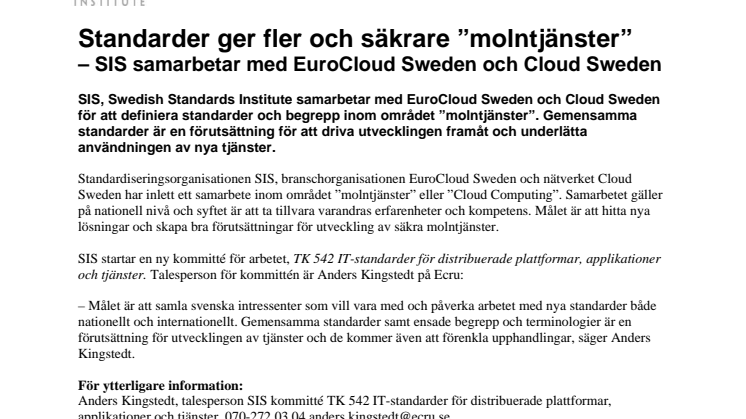 Standarder ger fler och säkrare ”molntjänster” – SIS samarbetar med EuroCloud Sweden och Cloud Sweden 