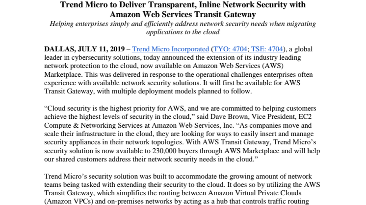 Trend Micro levererar molnsäkerhet exklusivt till Amazon Web Services Transit Gateway