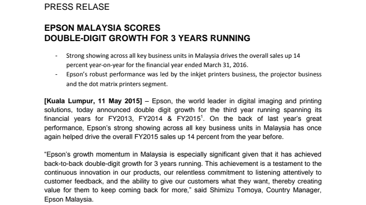 News Release: Epson Malaysia Scores Double-Digit Growth For 3 Years Running 