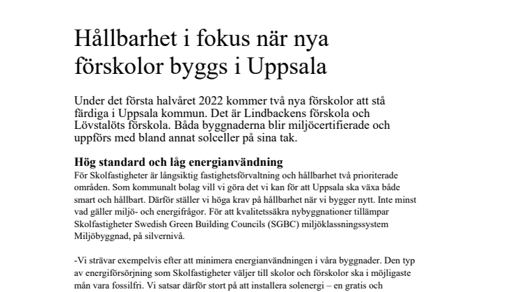 Hållbarhet i fokus när nya förskolor byggs i Uppsala