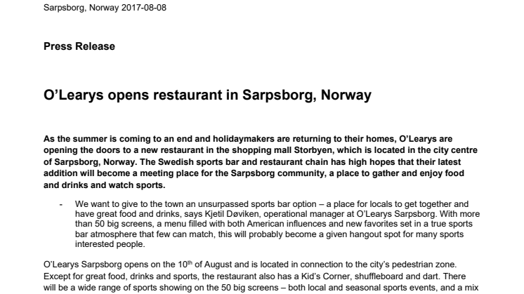 O’Learys opens restaurant in Sarpsborg, Norway
