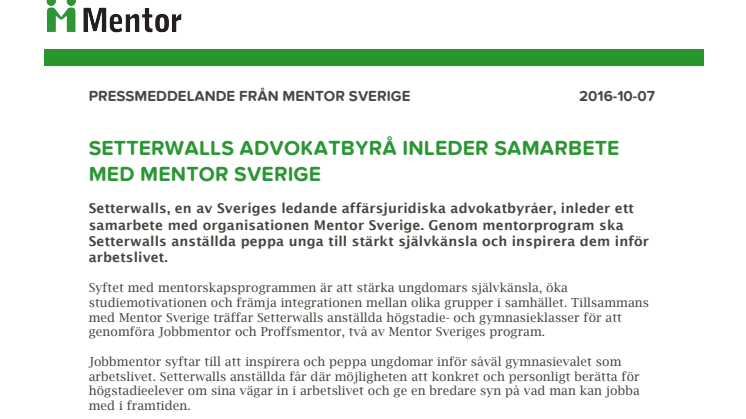 Setterwalls Advokatbyrå inleder samarbete med Mentor Sverige