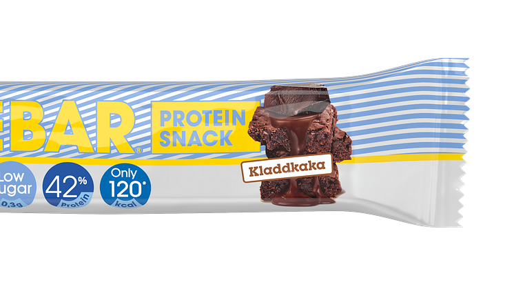 Swebar Snackbar Kladdkaka innehåller lika mycket protein som en proteinbar i originalstorlek, men bara 120 kalorier och 0,3 gram socker. En liten bar med stor smak!