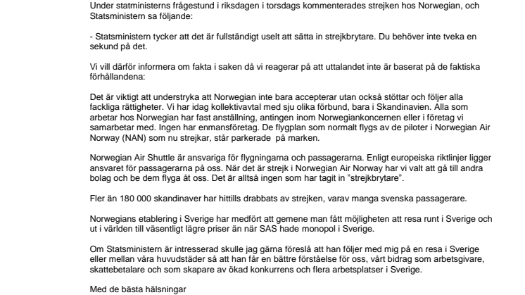 Norwegians VD Björn Kjos skickar brev till statsminister Stefan Löfven