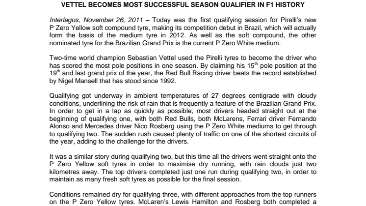 Vettel tar nytt rekord på Pirellis nya däck: 15 pole positions på en säsong.