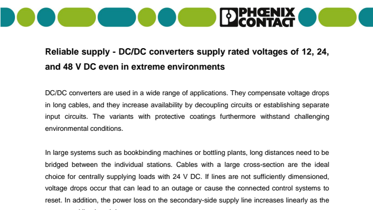 Reliable supply - DC/DC converters supply rated voltages of 12, 24, and 48 V DC even in extreme environments