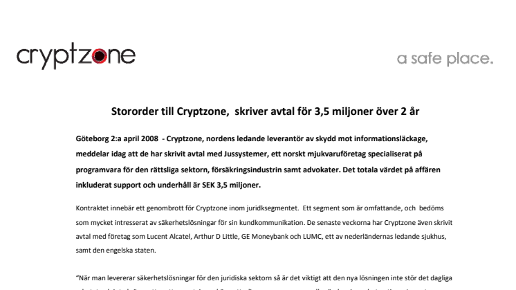 Stororder till Cryptzone, skriver avtal för 3,5 miljoner över 2 år