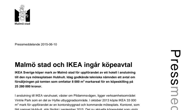 Malmö stad och IKEA ingår köpeavtal