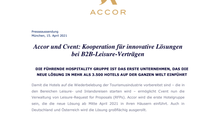 Accor und Cvent: Kooperation für innovative Lösungen bei B2B-Leisure-Verträgen