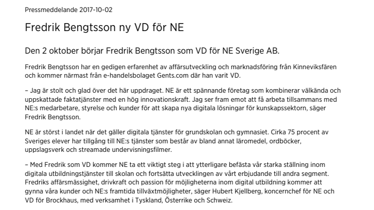 Fredrik Bengtsson ny VD för NE 