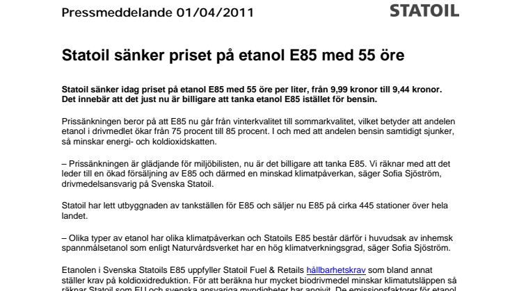 Statoil sänker priset på etanol E85 med 55 öre 