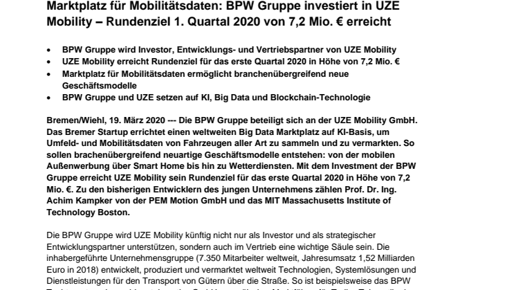 Marktplatz für Mobilitätsdaten: BPW Gruppe investiert in UZE Mobility – Rundenziel 1. Quartal 2020 von 7,2 Mio. € erreicht