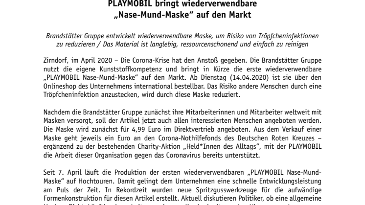 PLAYMOBIL bringt wiederverwendbare  „Nase-Mund-Maske“ auf den Markt