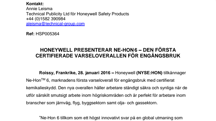 Honeywell presenterar Ne-Hon 6 – den första certifierade varseloverallen för engångsbruk