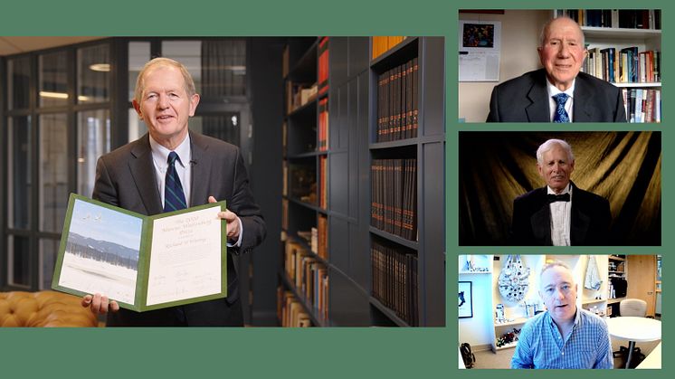 Marcus Wallenberg present the Marcus Wallenberg Prize at a digital prize ceremony. From above  laureates Joseph J Landsberg, Richard H Waring and Nicholas C Coops.