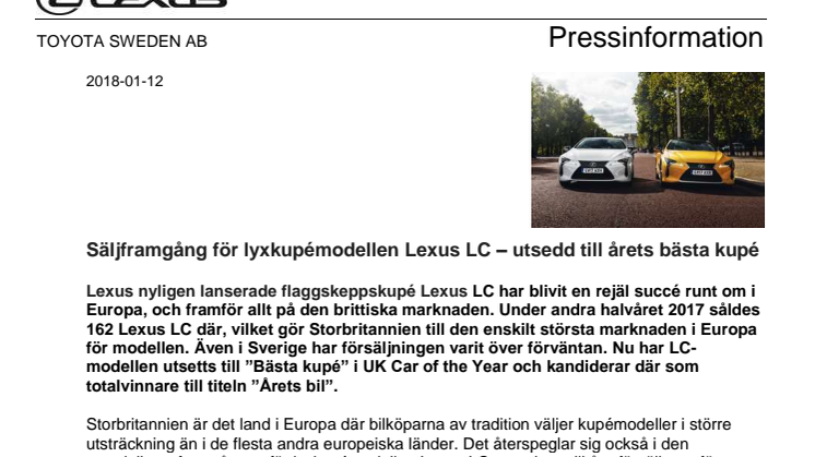 Säljframgång för lyxkupémodellen Lexus LC – utsedd till årets bästa kupé