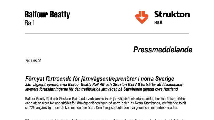 Förnyat förtroende för järnvägsentreprenörer i norra Sverige 