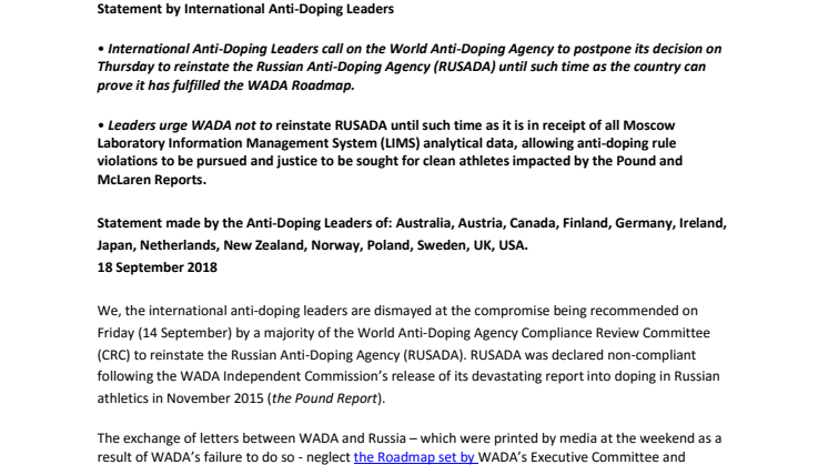Sverige ställer sig bakom upprop att inte erkänna Rysslands antidopingorganisation