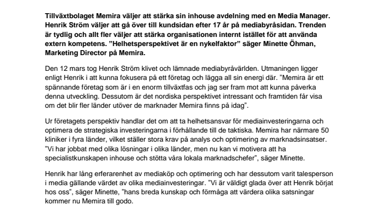 Memira satsar på egen Media Manager - Henrik Ström lämnar Carat efter 17 år.