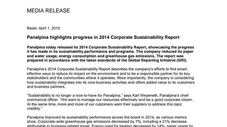 Panalpina highlights progress in 2014 Corporate Sustainability Report