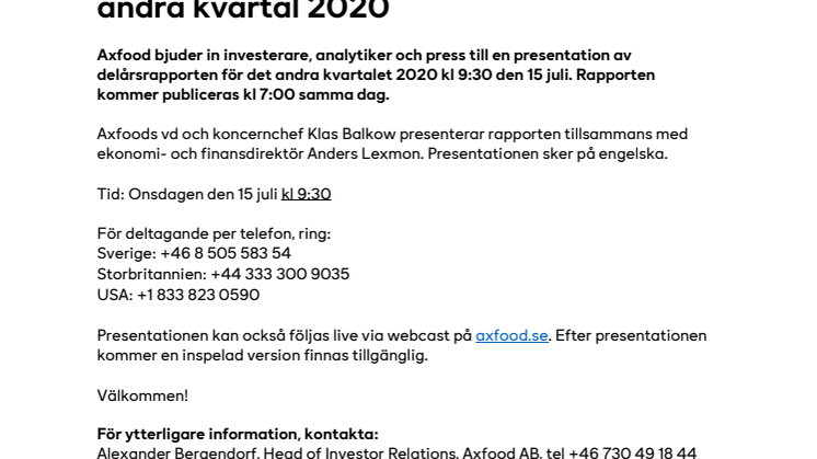 Inbjudan till presentation av Axfoods andra kvartal 2020