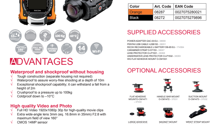 Ricoh WG-1M action-kamera specifikationer