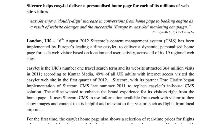 Sitecore helps easyJet deliver a personalised home page for each of its millions of web site visitors