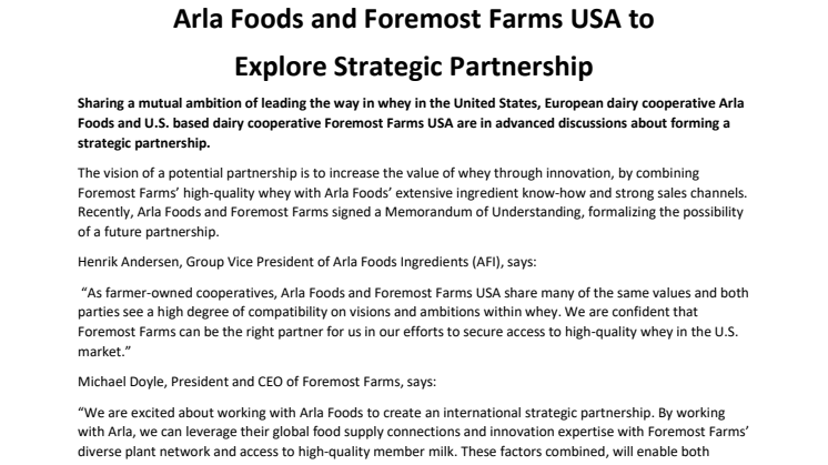 Arla Foods and Foremost Farms USA to Explore Strategic Partnership