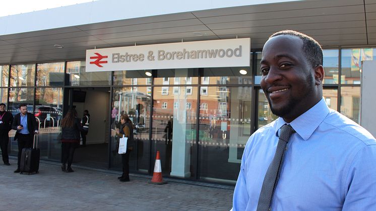 Station manager Marc Asamoah outside the newly completed extended concourse at Elstree & Borehamwood