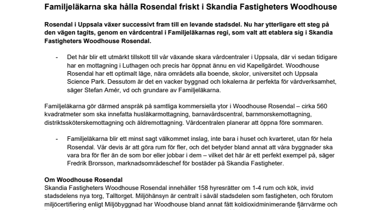 Familjeläkarna ska hålla Rosendal friskt i Skandia Fastigheters Woodhouse