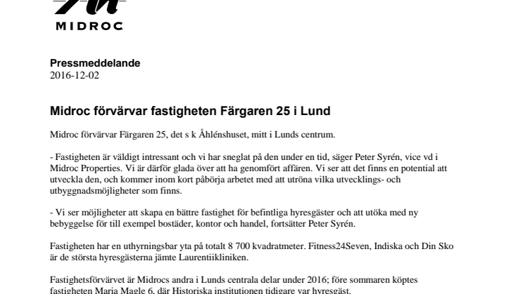 Midroc förvärvar fastigheten Färgaren 25 i Lund 