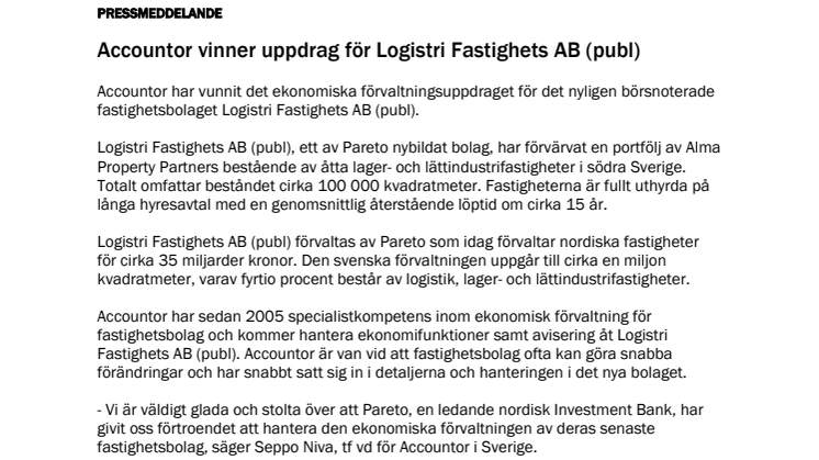 Accountor vinner uppdrag för Logistri Fastighets AB (publ) 