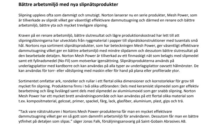 Bättre arbetsmiljö med nya slipnätsprodukter