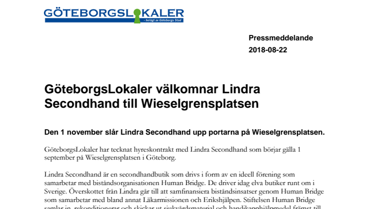 GöteborgsLokaler välkomnar Lindra Secondhand till Wieselgrensplatsen