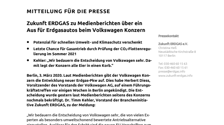Zukunft ERDGAS zu Medienberichten über ein Aus für Erdgasautos beim Volkswagen Konzern 