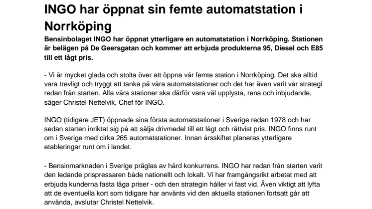 INGO har öppnat sin femte automatstation i Norrköping