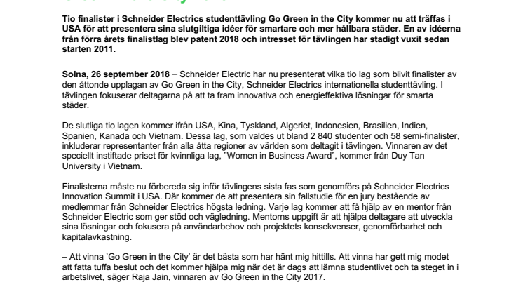 Schneider Electric presenterar finalisterna i Go Green in the City 2018