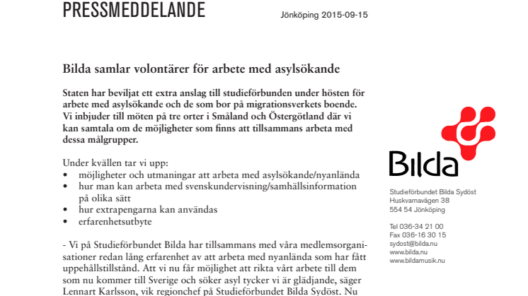 Bilda samlar volontärer för arbete med asylsökande i Småland och Östergötland