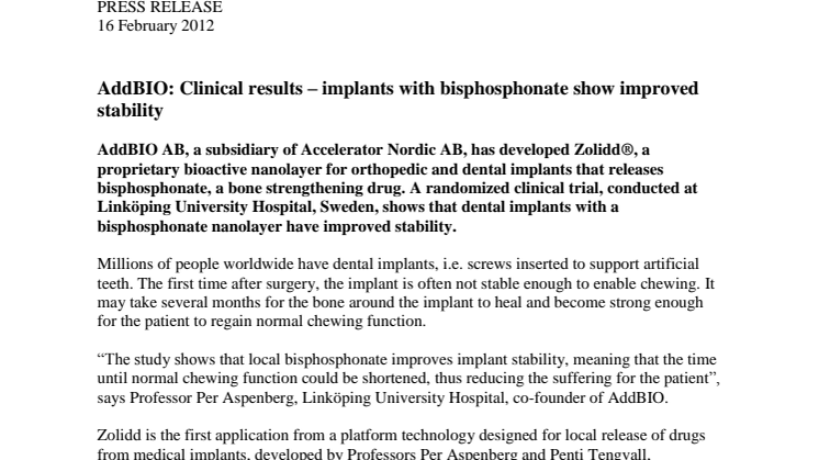 AddBIO: Clinical results – implants with bisphosphonate show improved stability