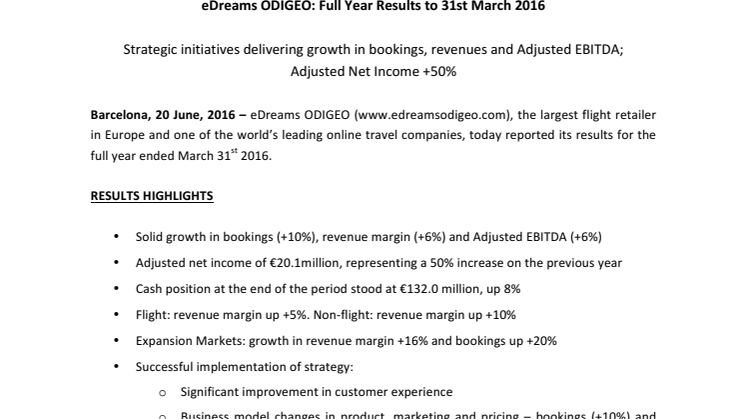 eDreams ODIGEO: Full Year Results to 31st March 2016