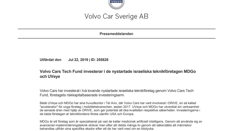 Volvo Cars Tech Fund investerar i de nystartade israeliska teknikföretagen MDGo och UVeye
