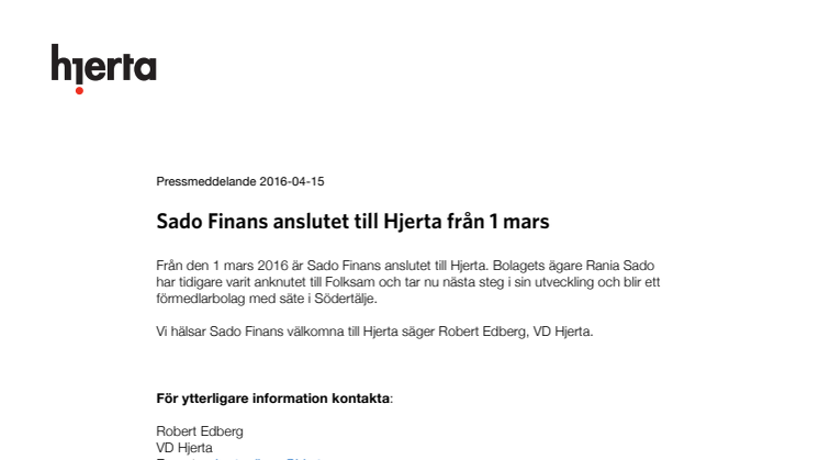 Sado Finans anslutet till Hjerta från 1 mars