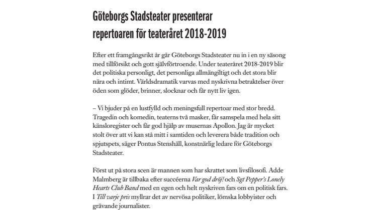 Göteborgs Stadsteater presenterar repertoaren för teateråret 2018-2019