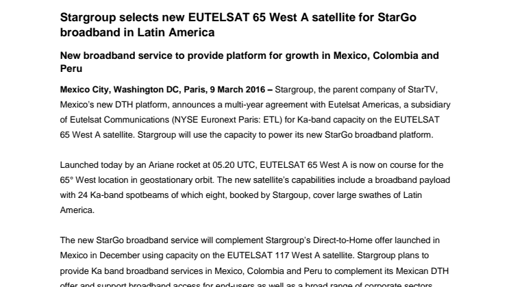 Stargroup selects new EUTELSAT 65 West A satellite for StarGo broadband in Latin America