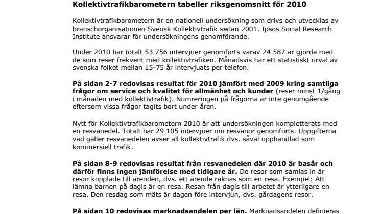 Bilaga till pressmeddelande Kollektivtrafikbarometern tabeller riksgenomsnitt för 2010