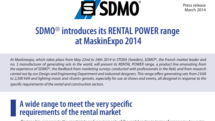 SDMO introduces its RENTAL POWER range